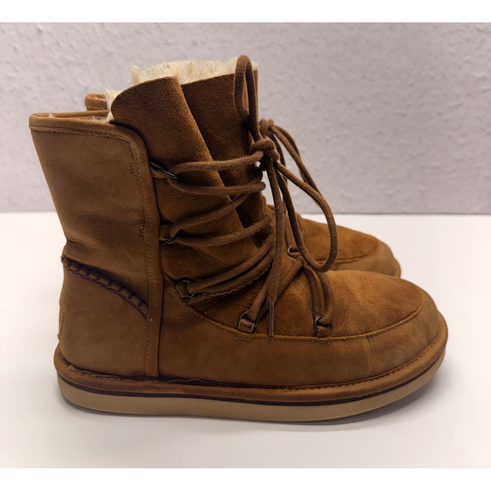 UGG Lodge Chestnut Suede Leather Lace Up Shearling Boots Women's Size 8